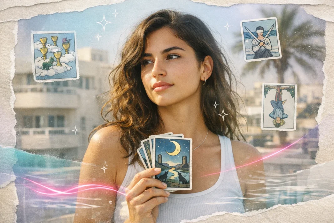 דיוקן קולאז' של צעירה בתל־אביב מחזיקה קלף טארוט 'הירח' עם שכבות צבעוניות שמרמזות על בלבול רגשי.