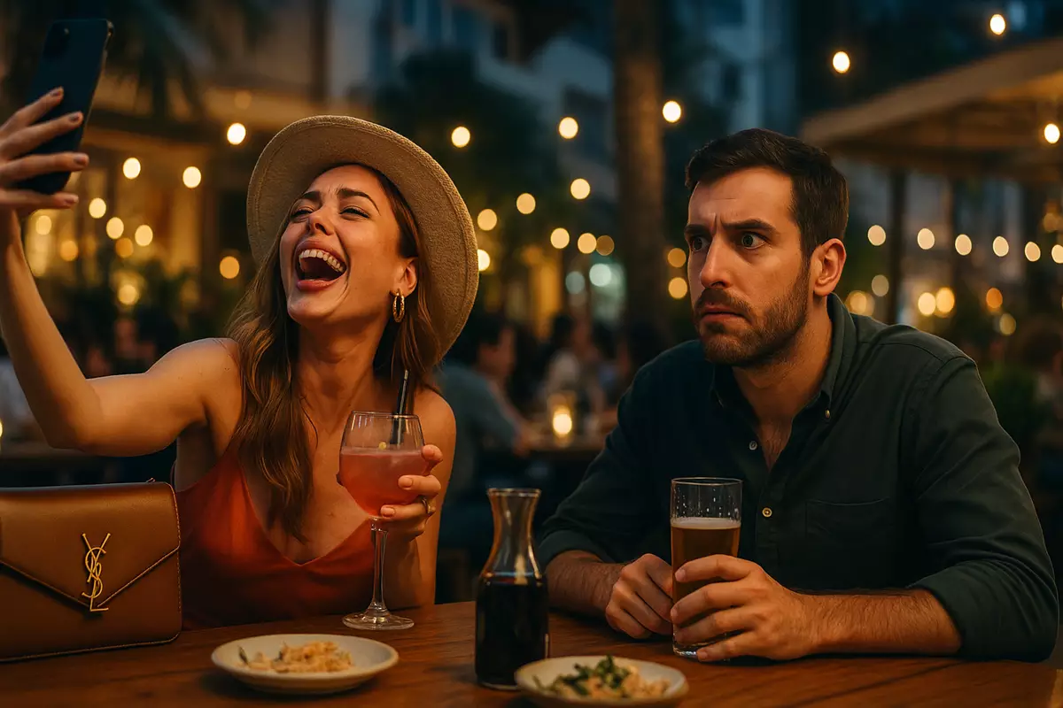 תוך כדי שיחה היא בודקת איך התאורה. מצלמת את הקוקטייל מזווית. מסדרת את הקש כמו שזה לא בכוונה.